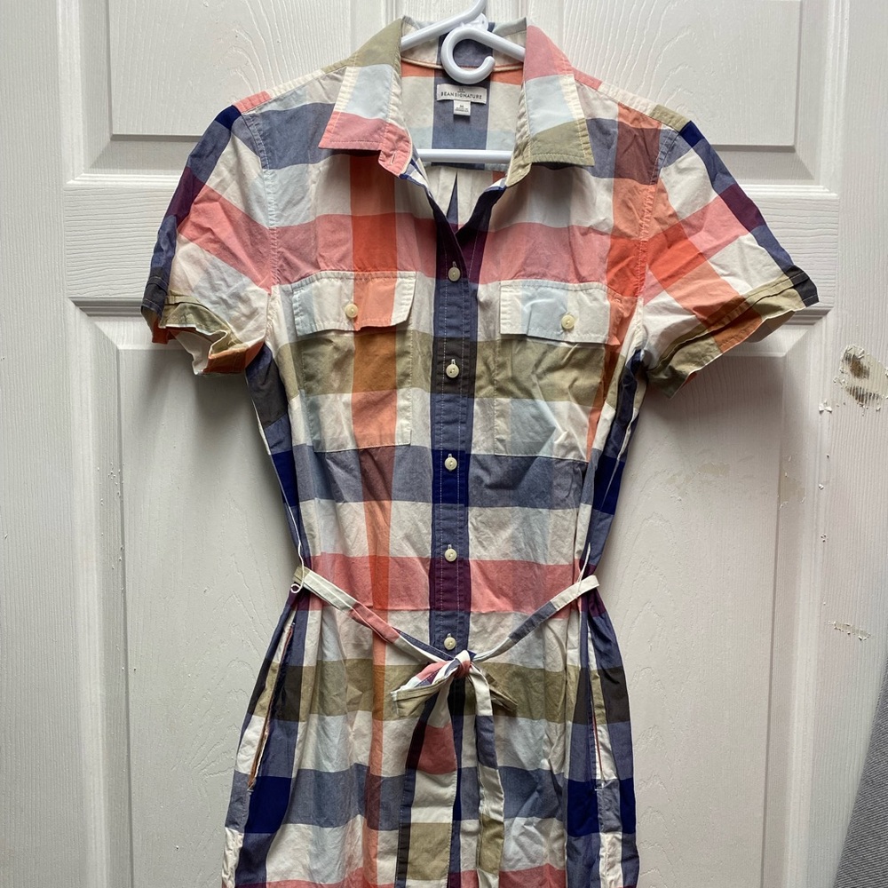 LL Bean plaid shirt dress with tie waist